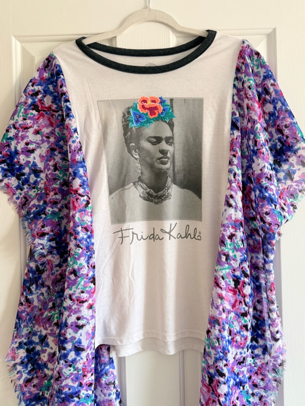 Frida Kahlo Custom Upcycled Kimono Poncho Top OSFM OOAK Graphic Tee Purple Blue - Picture 3 of 4